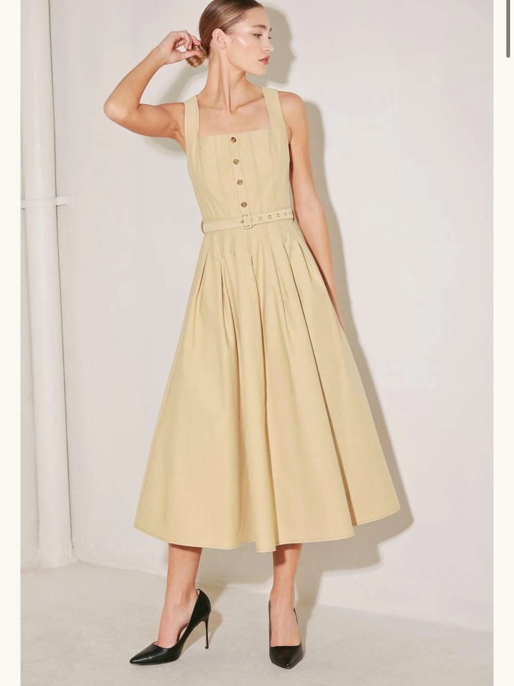 Khaki belted corset Midi Dress - FREEMARKET